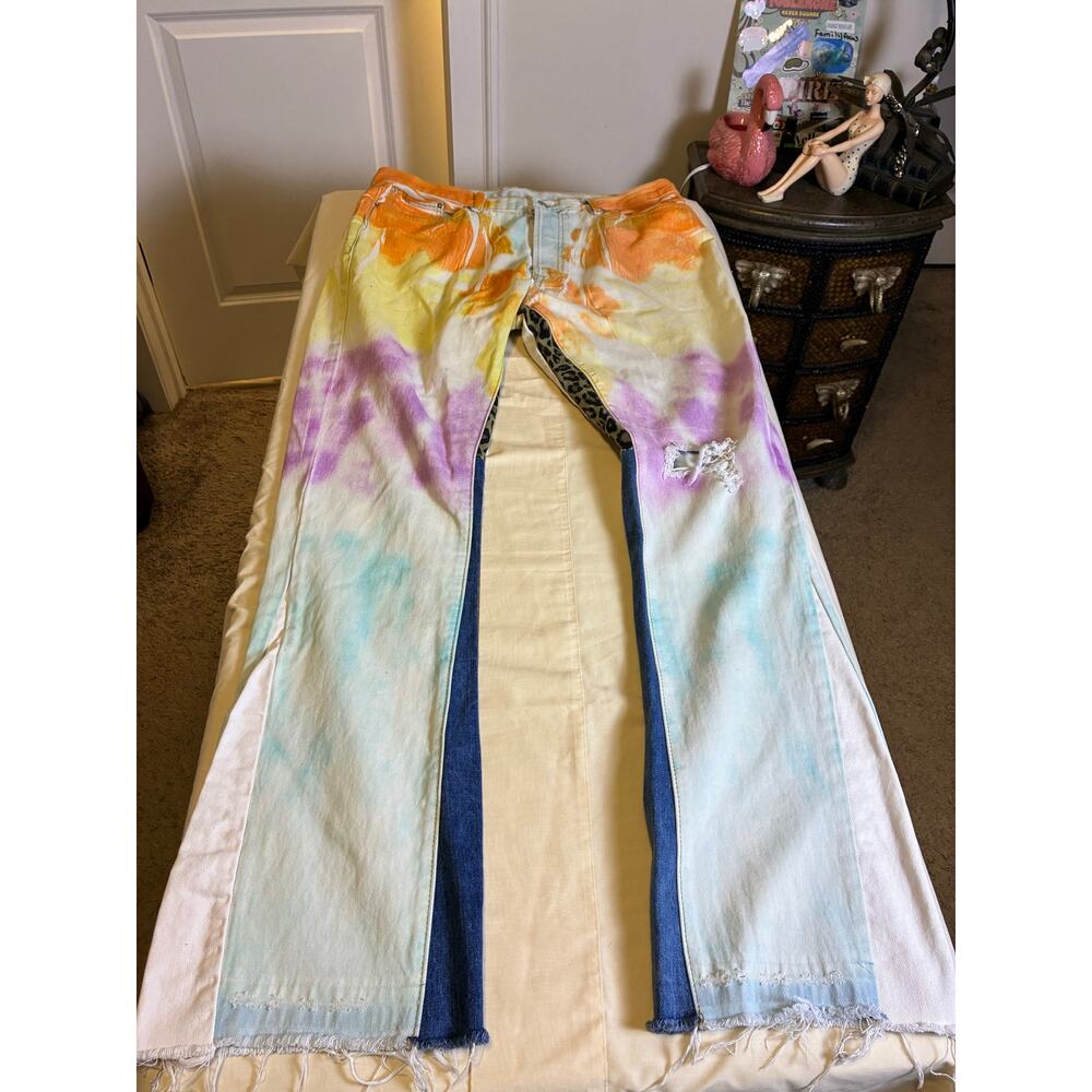 Tie Dye festival Patchwork Flare Distressed Raw Hem Streetwear MNML Jeans  38
